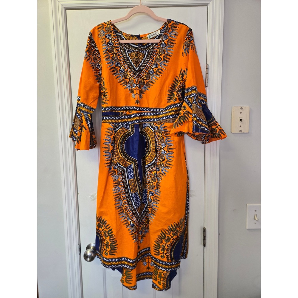 Lapogee Orange Dashiki Print Cotton Midi Dress Ruffle Bell Sleeve Womens Large